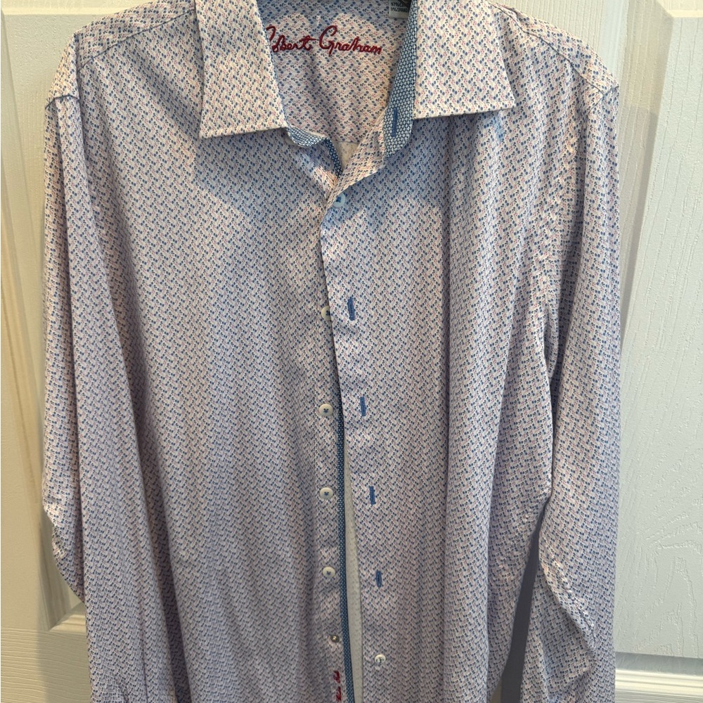 Boys XL Robert Graham Blue Button Down Shirt with Geometric Pattern